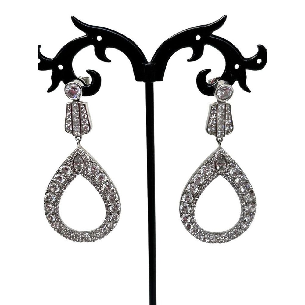 Rhinestone Teardop Earrings Silvertone 2"‎ Drop Dangle Post Pierced Earrings